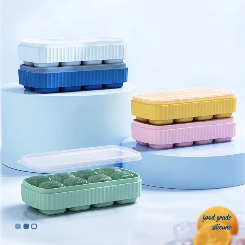 2025 Colorful Soft Easy Release Reusable Food Grade 8 Cube Silicone Ice Cube Tray With Lid BPA Free