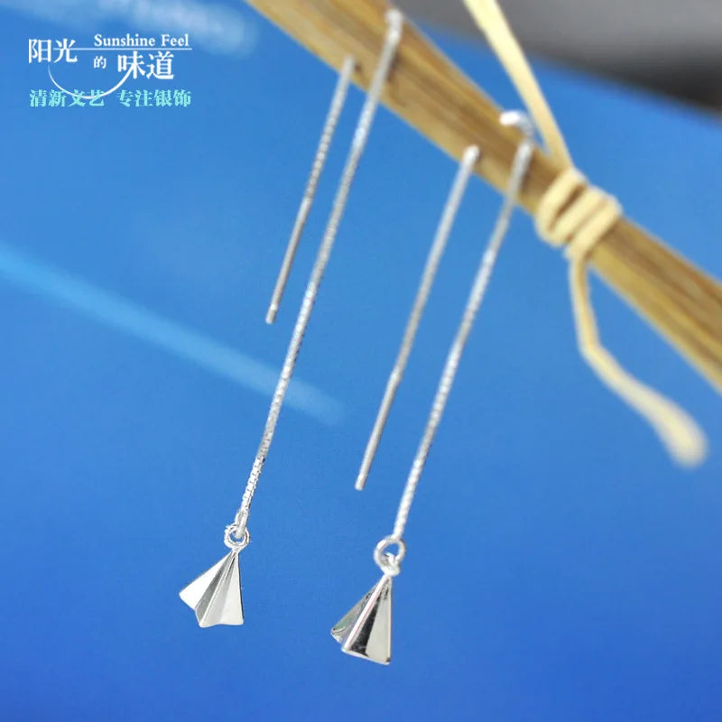 925 Silver Earrings for Women  Long Tassel Earring Ear Line Pendientes Sweet Airplane Ears Jewelry