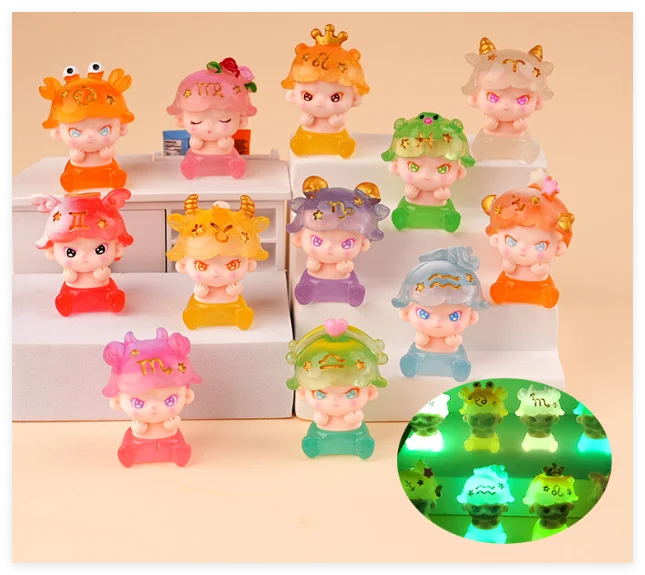 3D Glow Luminous the Zodiac Resin Garden Figurines Miniature Cute Animal Models for Mang Dai Lucky Bag Blind Surprise Kids Toy