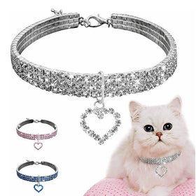 Adjustable Neck Strap Bling Full Diamond Crystal Collar Cute Rhinestone Dog Collar with Heart Pendant Charm