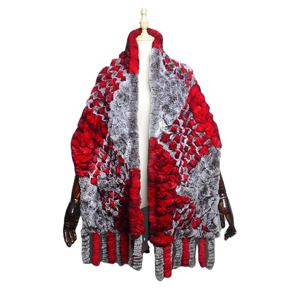 MWFur Hand Knitted Winter Rex Rabbit Fur Shawl With Tassels Fringes Pockets Thick 100% Natural Rex Rabbit Fur Scarf for Women