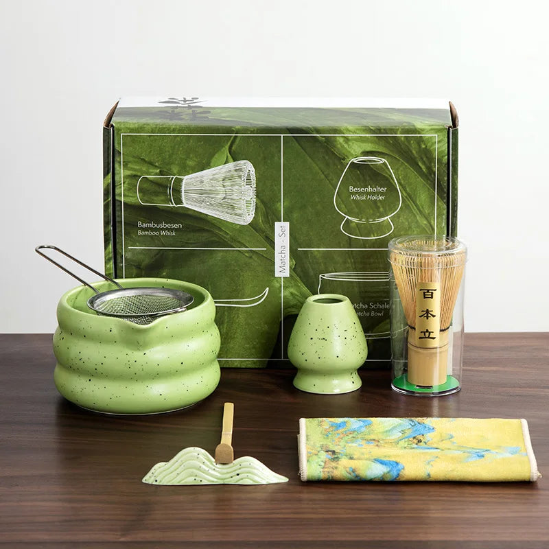 7pcs/set Customized Logo Japanese Ceramic Matcha Gift Box Green Tea Chasen Holder Stand Bowl Bamboo Whisk Grinder Tea Tools Tea
