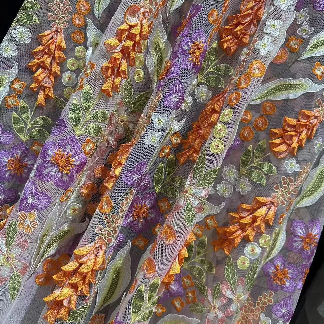 Multicolor Spring Flowers Mesh Embroidery Lace Fabrics 100% Polyester Eco-Friendly Sustainable for Women