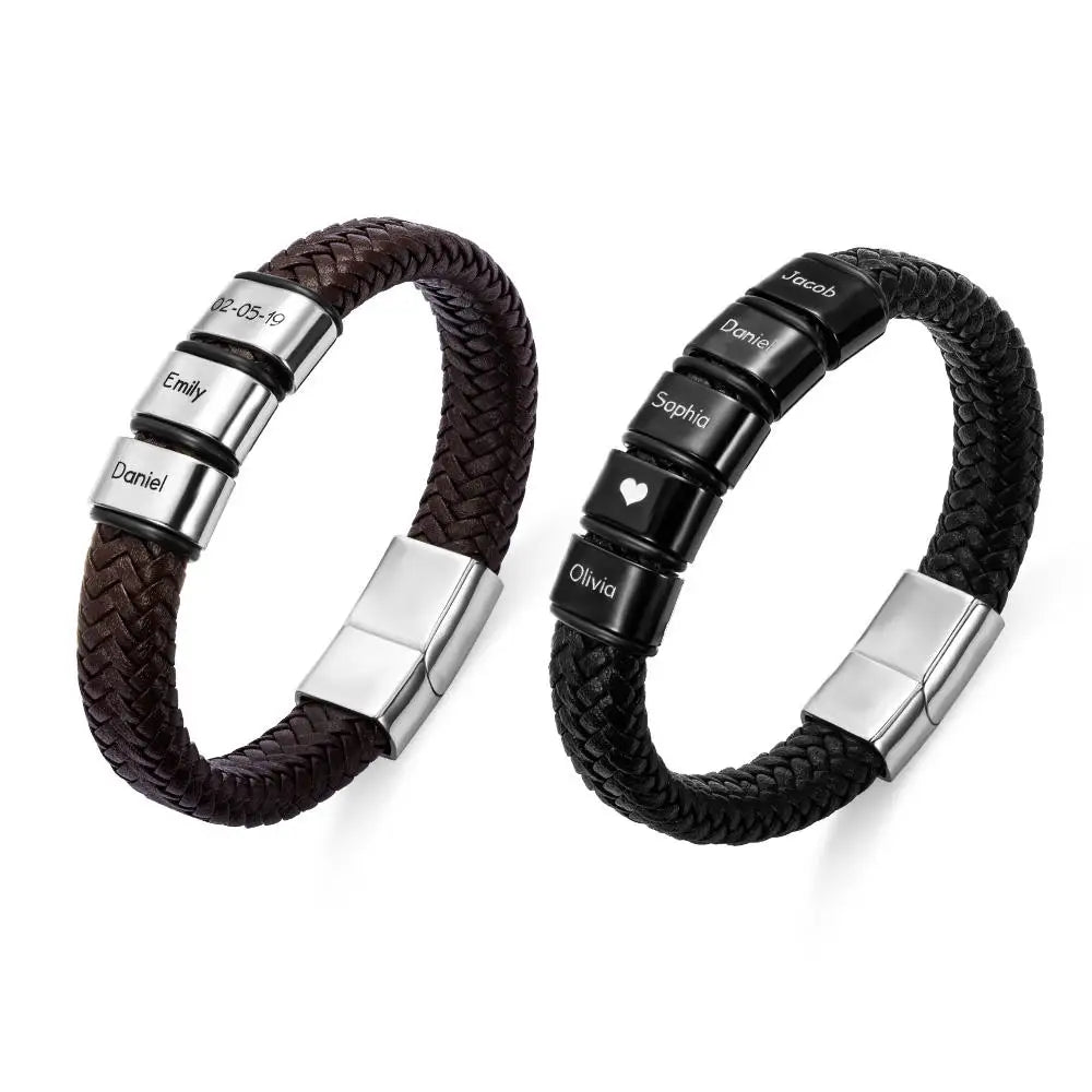 Stainless Steel Personalized Engraved Name Bead Brown Bracelet for Men Jewelry Custom Weave Black Man Leather Bracelet