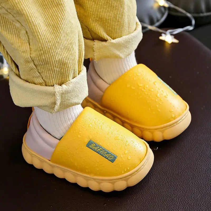 New children's winter leather face waterproof non-slip plush slippers thickened warm cotton shoes