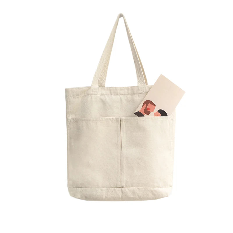 New Style Custom Printed Logo Blank Double Pocket Canvas Cotton Shopping Bag Canvas Tote Bags with Pocket