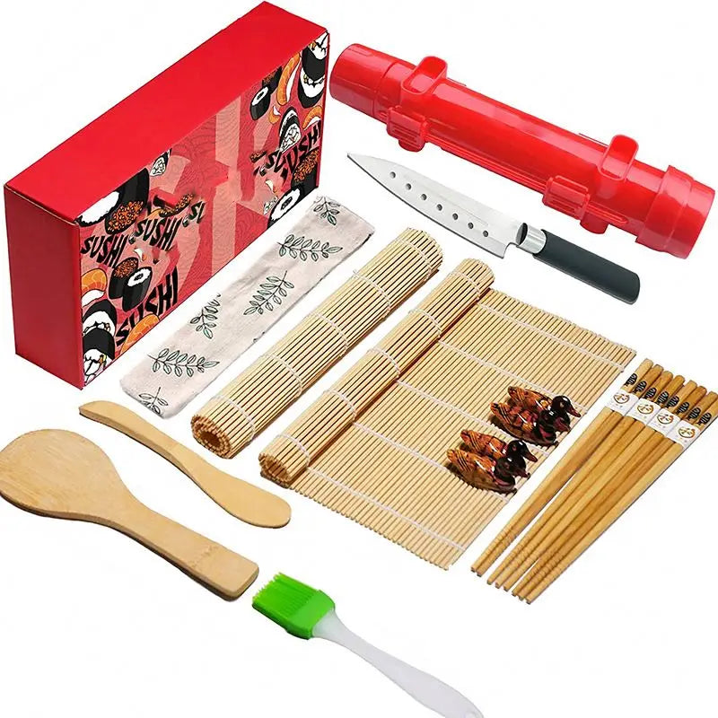 Professional Non-Stick Red Plastic Sushi Making Kit with Bazooka Tool Set for Kitchen Use