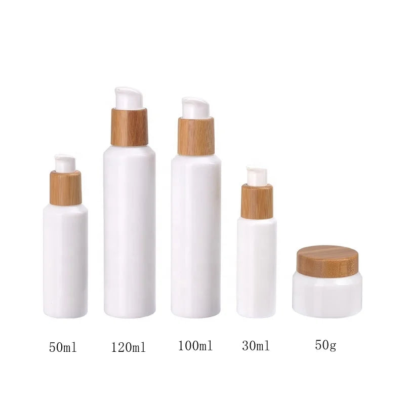 Inclined Shoulder Opal Glass Bottle 30 ml 50 ml White Glass Bottle 100 ml 120 ml Glass Bottle and Glass Jar with Bamboo Lid