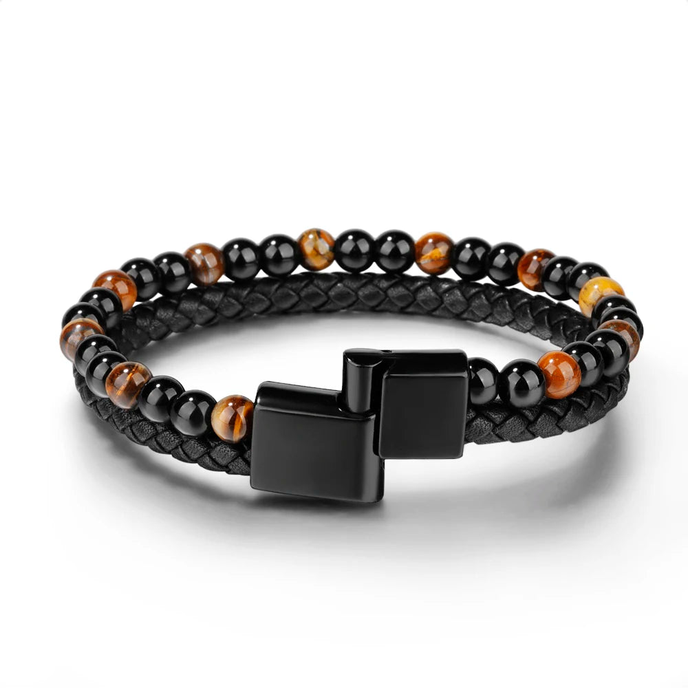 Bracelet Jewelry Stone Hot Style Retro Handmade Tiger Eye Natural Magnetic Clasp Leather Men Beaded Bracelets Geometric ZG-MM100