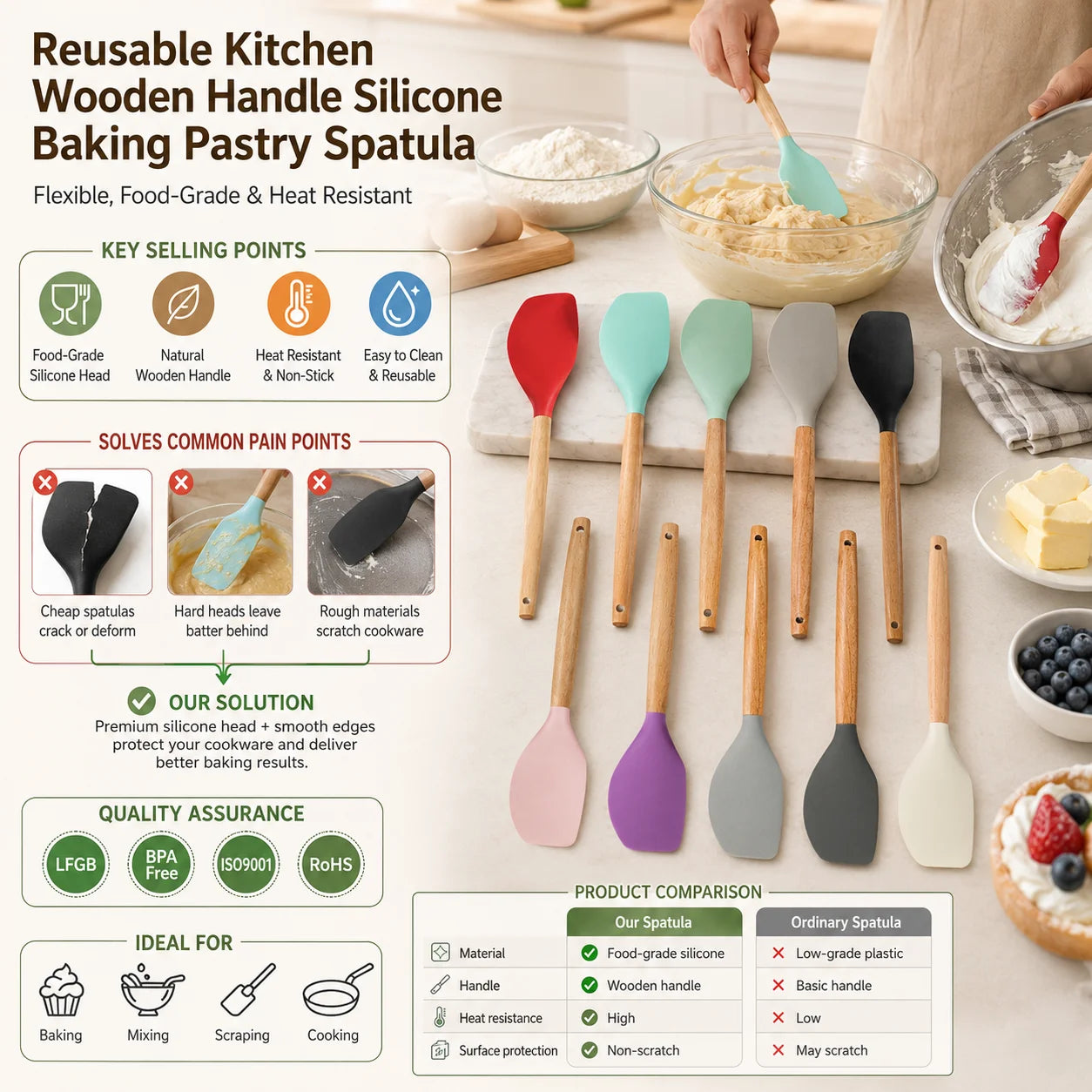 Customized Logo Reusable Kitchen Wooden Handle Silicone Baking Pastry Spatula OEM ODM Heat Resistant Scraper Wholesale