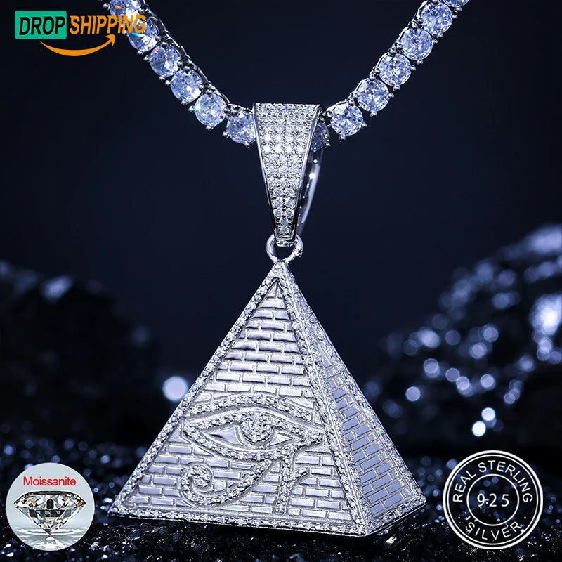 Dropshipping GRA Cartificate Bling Moissanite Religion Eye Pyramid Pendant 925 Sterling Silver Iced Out Men Jewelry Necklace