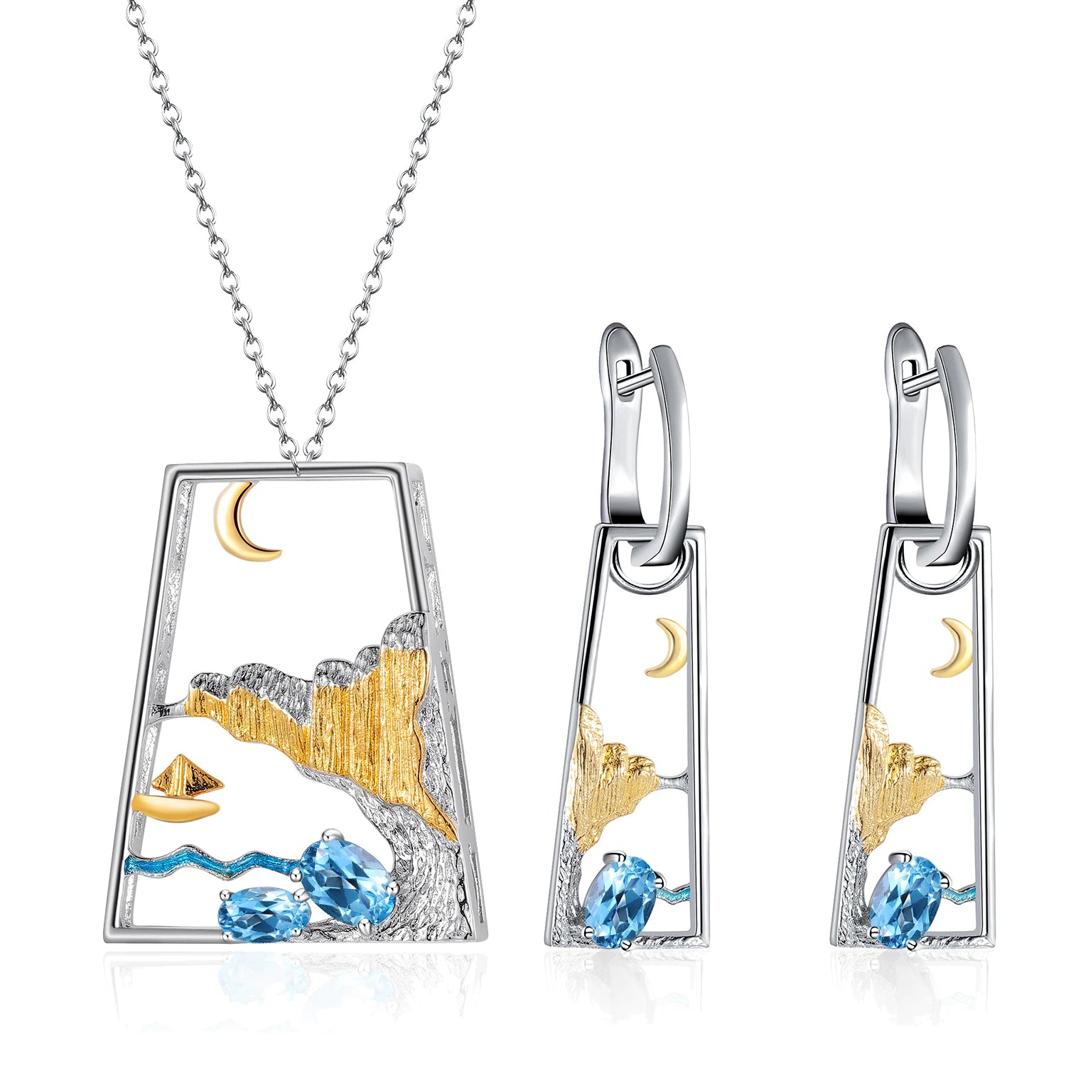 C8208 Abiding Jewelry Famous Brand Landscape Designs 925 Sterling Silver Oval Cut 4X6mm Natural Swiss Blue Topaz Jewellery Set