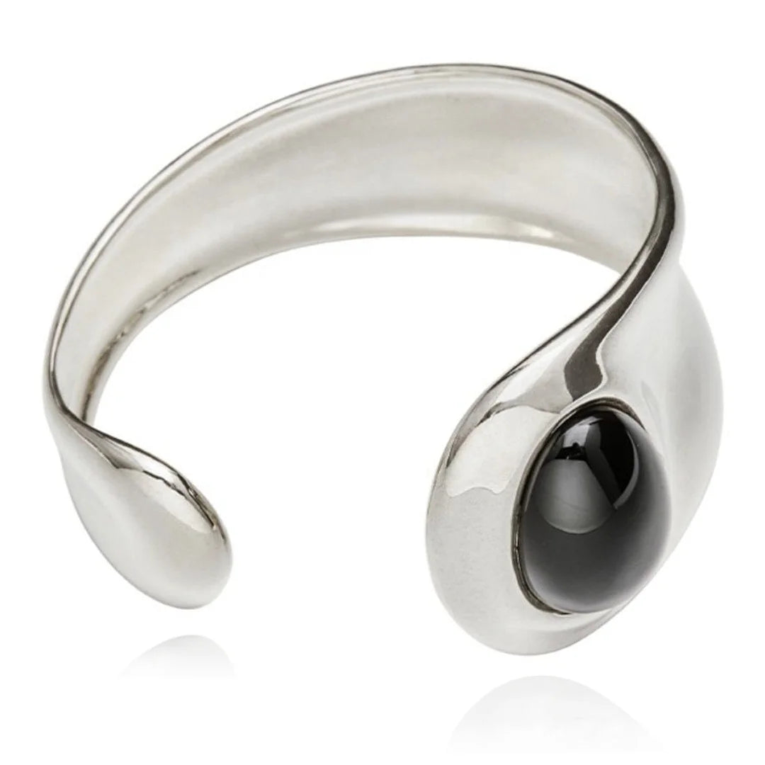 Light Luxury Fashion Brass Plating Platinum Shiny Inlaid Onyx Open Wide Cuff Bracelet Hand Jewelry Universal Jewelry