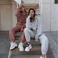 2026 Spring Autumn Women's Custom Logo Embroidered Gym Crop Top Pullover Set Oversized Long Sleeve with Joggers