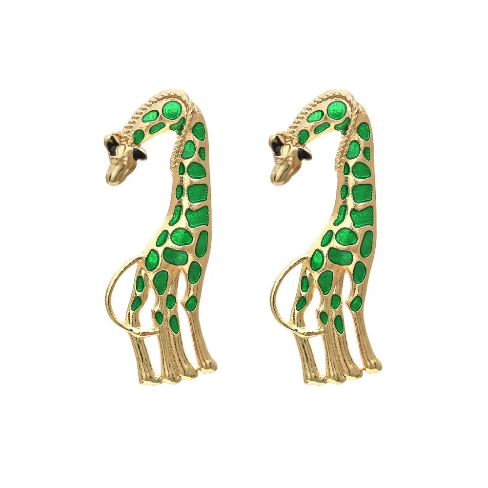 New Fashion Casting Alloy Gold Plated Green Enamel Animal Giraffe Stud Designer Earrings for Girls Cute Party Gift Zinc Alloy