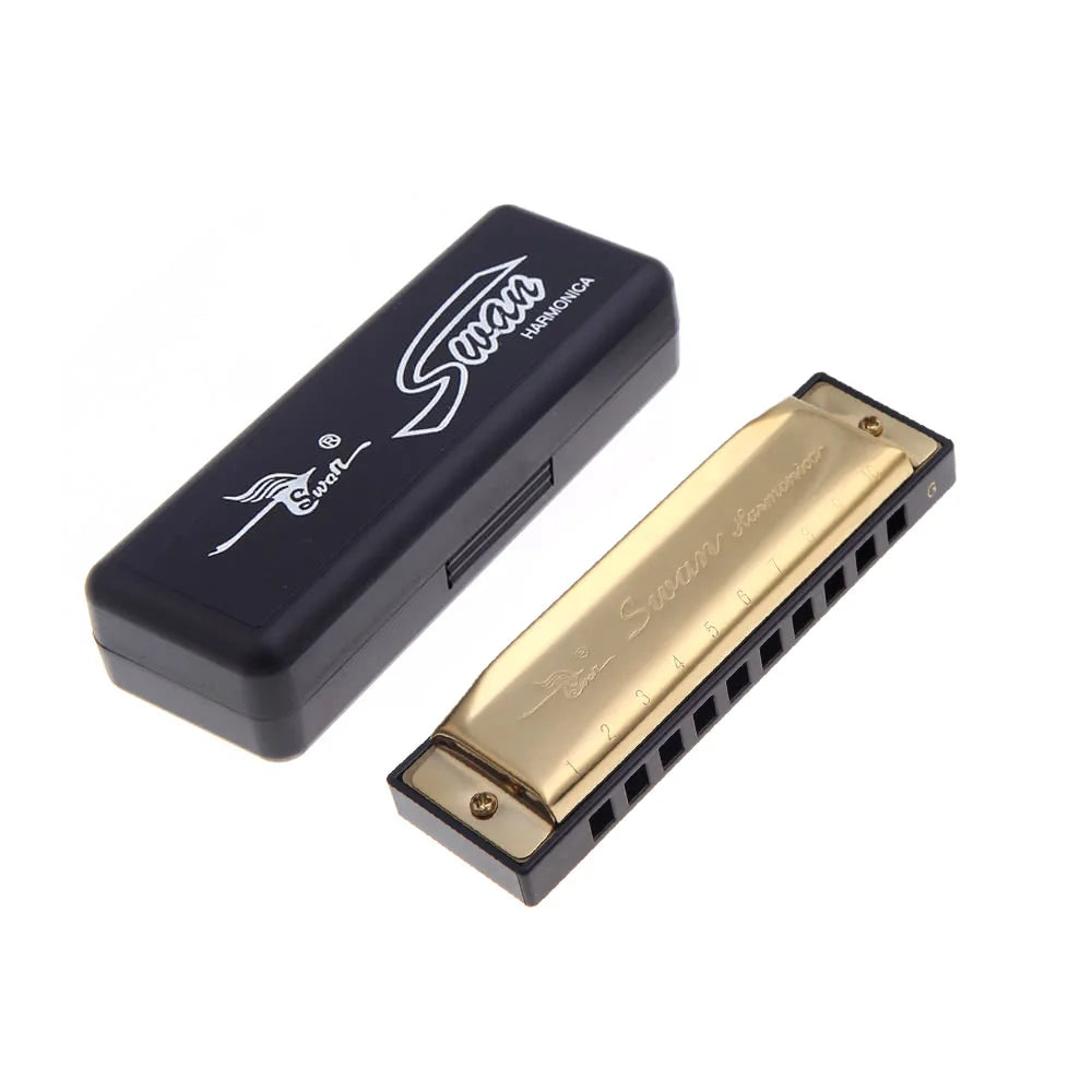Swan Diatonic Harmonica 10 Holes Blues Harp Mouth Organ Key of G Reed Instrument with Case Golden
