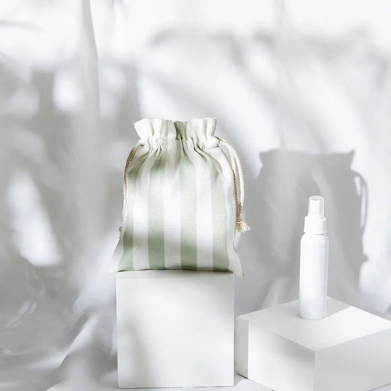 Custom Green Stripe White Fabric Eco Friendly Bamboo Fiber Drawstring Bag for Cosmetic