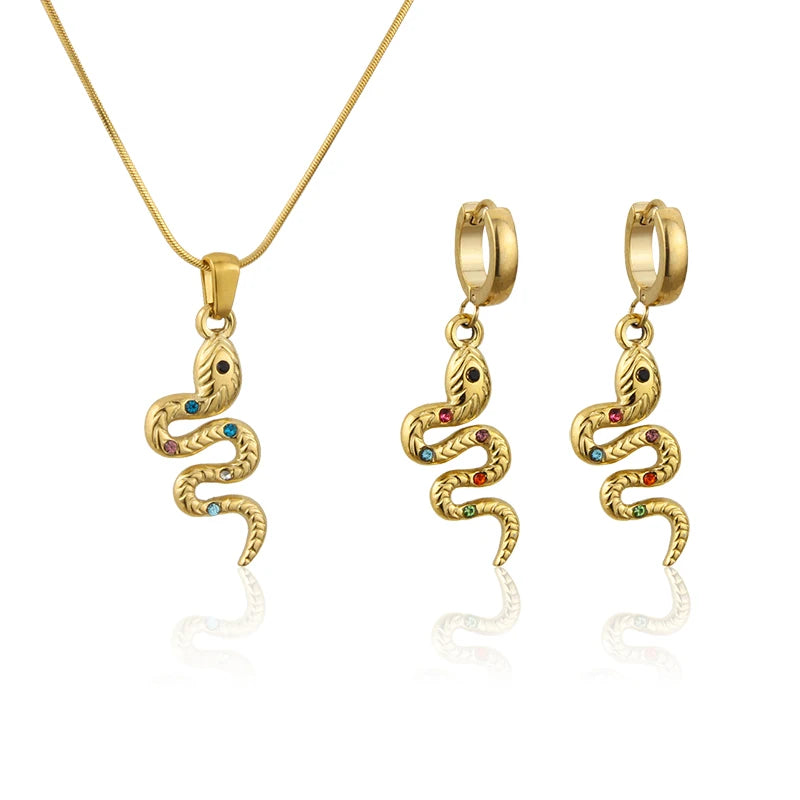 INS HOT 18K Gold Plating Stainless Steel Material With Stone Gold Sanke Chain Pendant Necklace Punk Style Earrings Jewelry Set