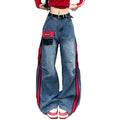 Custom Women's Contrast Leather Stitching Wide Leg Denim Pants