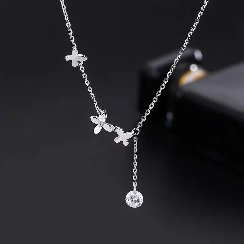 S925 Sterling Silver Butterfly Choker Necklace Tassel Sweet Diamond Fine Jewelry Necklace Y-shape Necklaces for Women Wholesale