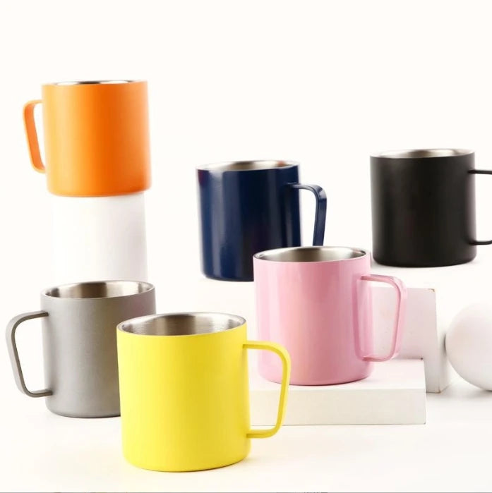 Best Seller Wholesale 14oz Stainless Steel Colorful Insulated Vacuum Tumbler Handle Tea House's Office Cup Wooden Coffee Mug