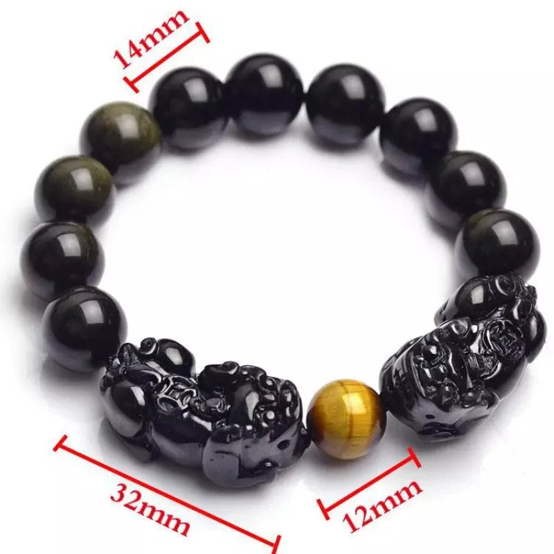 Natural Black and Gold Obsidian Stone Beads Bracelet Double Pixiu Chinese Fengshui Jewelry