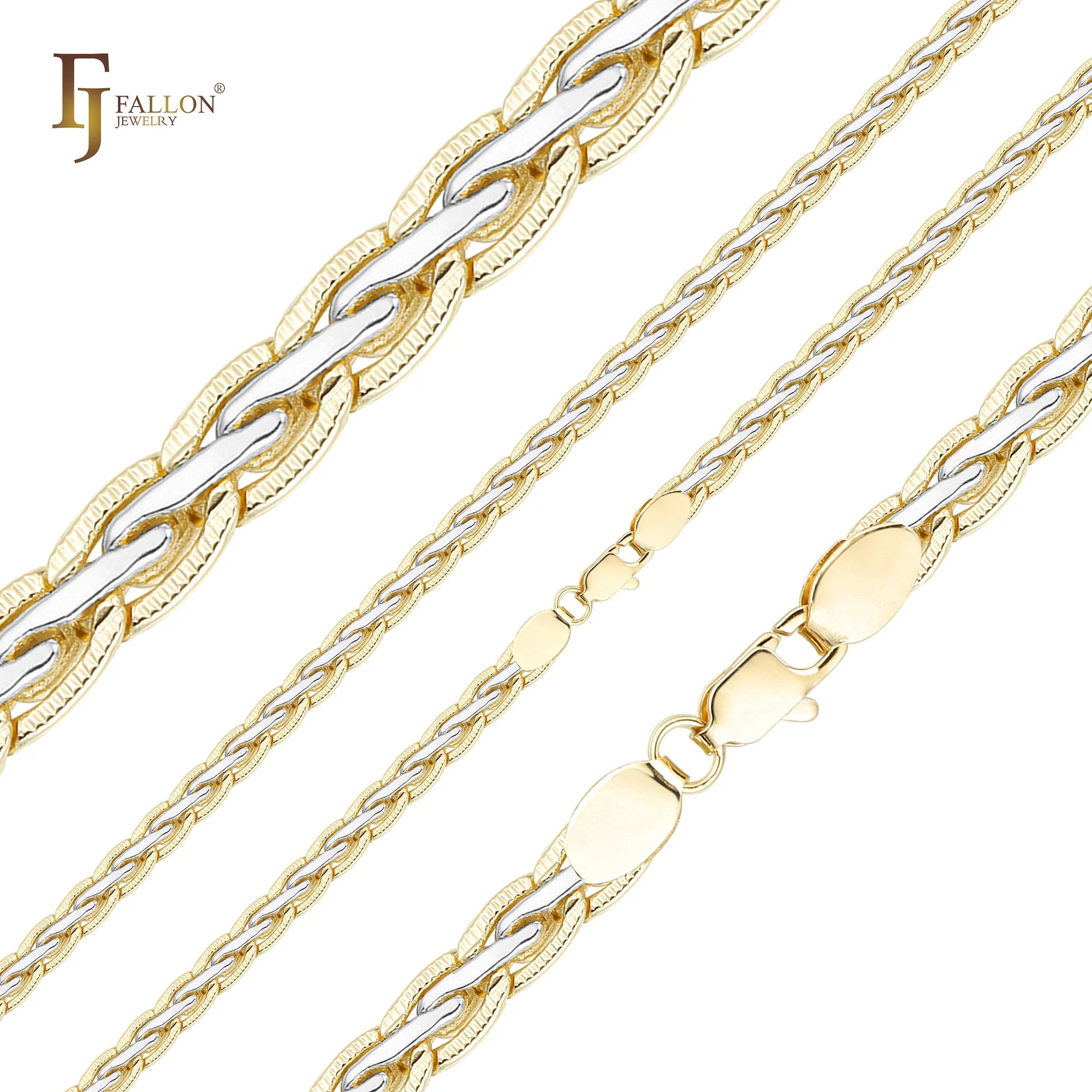 4.3mm FJ Fallon Fashion Jewelry Spiga Wheat Hammered Chain Plated in 14K Gold Two Tone Brass Based Split