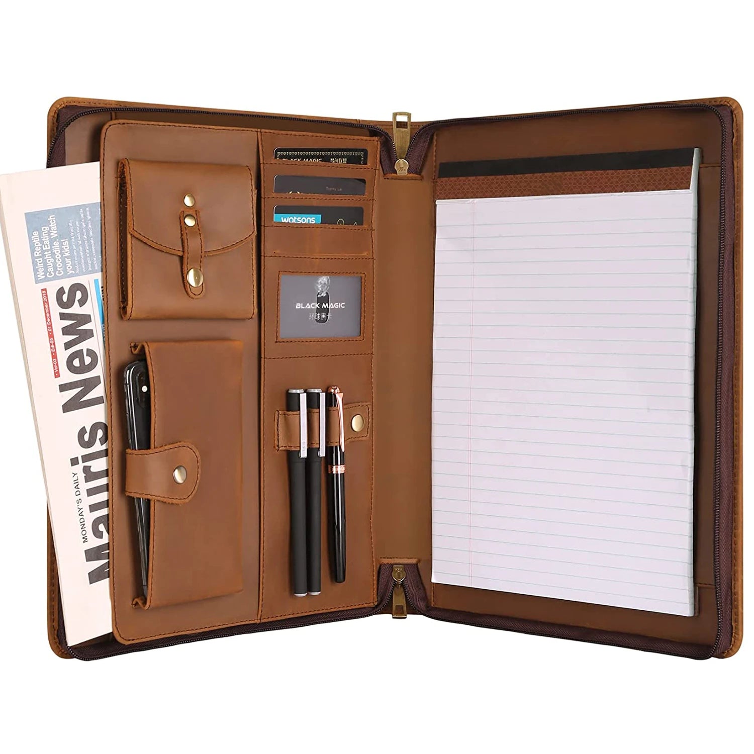 Genuine Leather Document Holder Briefcase with Pen Holder Large Capacity Leather Travel Folder