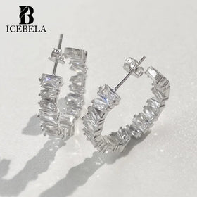ICEBELA Wholesale S925 Sterling Silver Fine Jewelry 18K Gold Plated Irregular Square Zircon Big Hoop Stud Earrings for Women