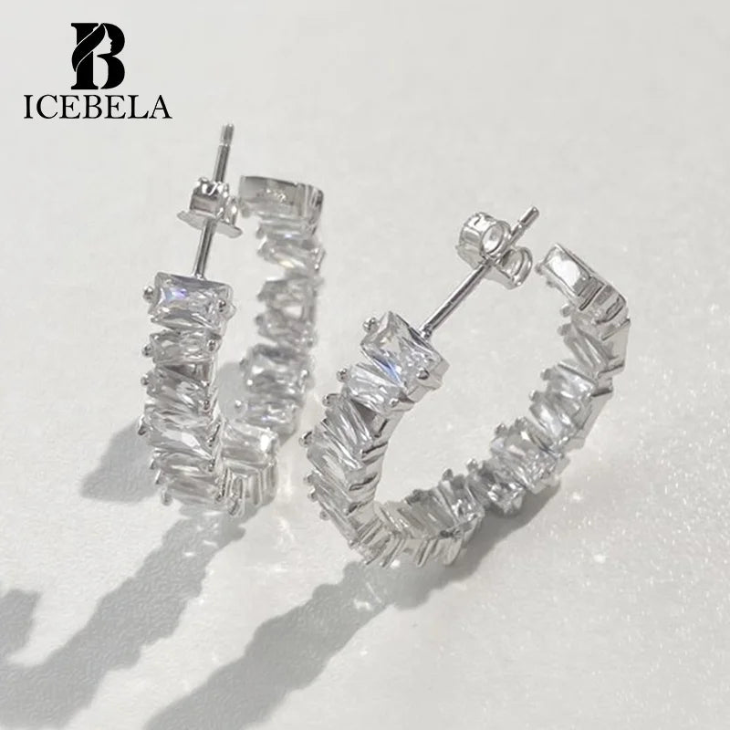 ICEBELA Wholesale S925 Sterling Silver Fine Jewelry 18K Gold Plated Irregular Square Zircon Big Hoop Stud Earrings for Women