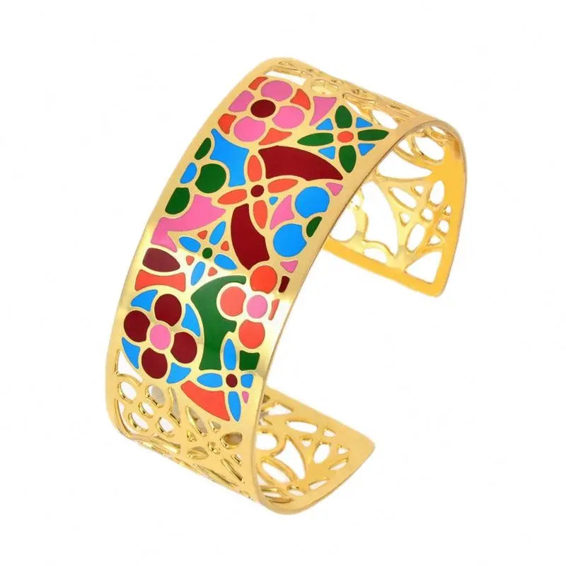 SY Stainless Steel Custom Gold Wider Cuff Enamel Bracelet Bangles with Flower Pattern Design Women Jewelry Gift