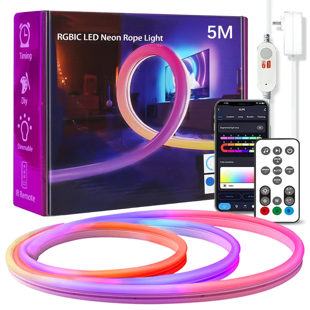 16.4ft 5m IP67 Waterproof RGB IC Addressable Remote Google Alexa Voice Tuya Smart WiFi Control CRI 80 2700K-7000K LED Neon Flex