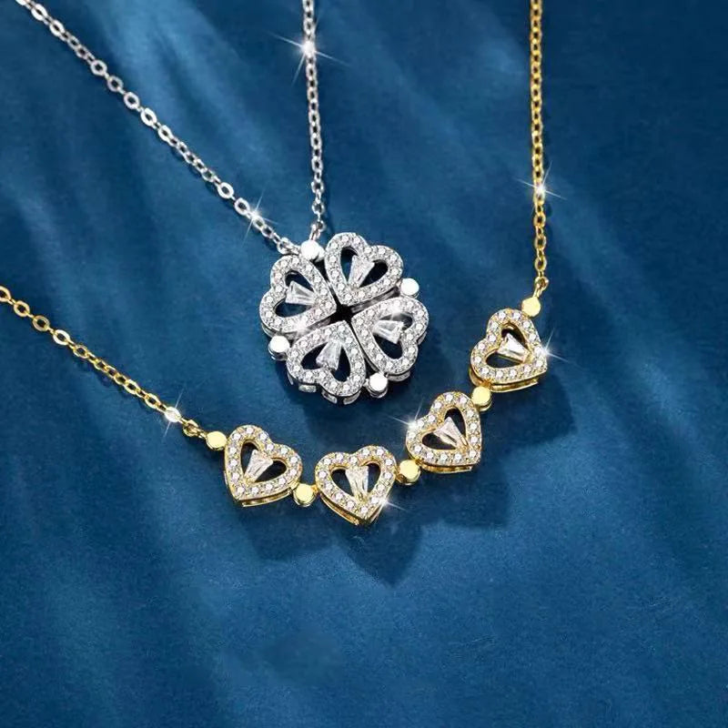QUSEDINY Women's Stainless Steel Four-leaf Clover Necklace Gold-Plated Cubic Zircon Trendy Love Heart Design for Lucky Girls