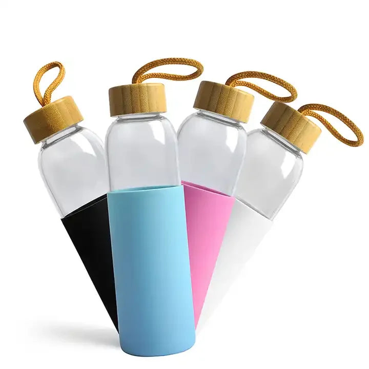 550ml Drinking Water Bottle Filters Custom Clear Glass Tumbler Double Wall Glass With Time Marker and Stainless Steel Bamboo Lid