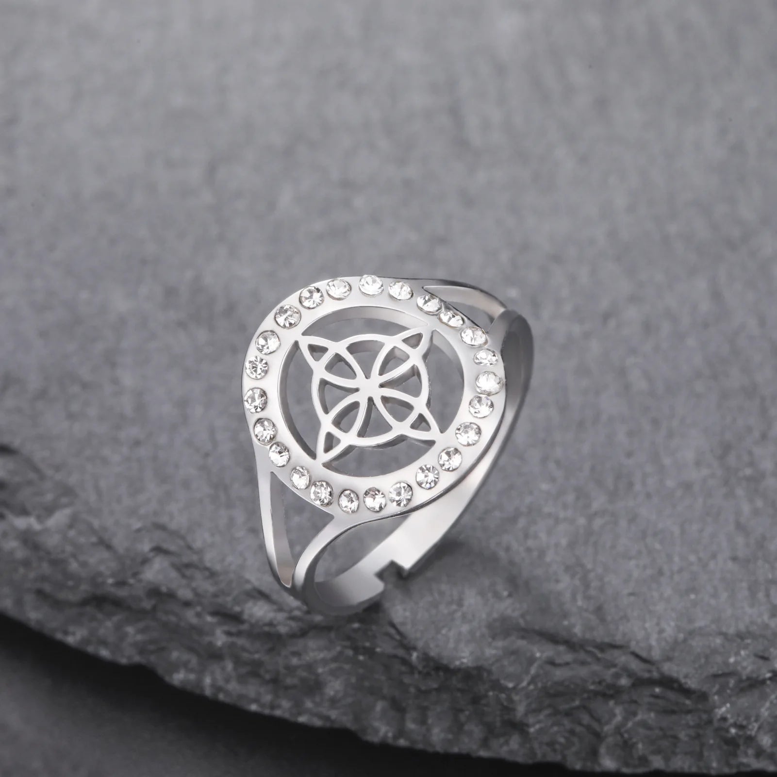 DAIHE Celtic Knot Ring Clear Zircon Witch Knot Stainless Steel Amulet Adjustable Finger Rings Women Copper Inlay Jewelry