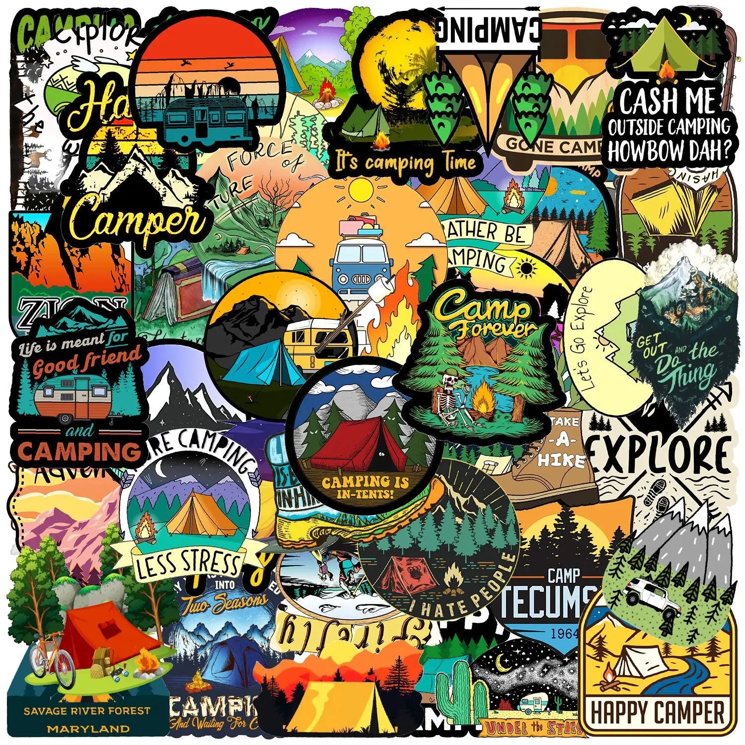 50pcs Outdoor Camping Graffiti PVC Self Adhesive Stickers for Helmet Handbag Phone Case Suitcase Refrigerator and Books
