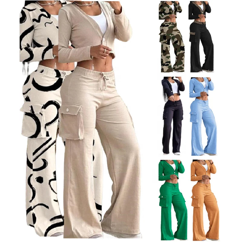 C1210 Two Piece Set Women Clothing Patchwork Wide Leg Pants and Long Sleeve Short Top Outfits for Women Pants Set With Pocket