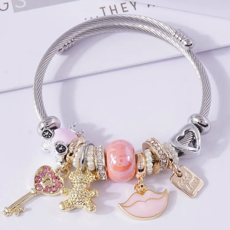 Hot Sale Bear Lip Key Charm Bracelet Metal Beads Wholesale Stainless Steel  Bangle for Women