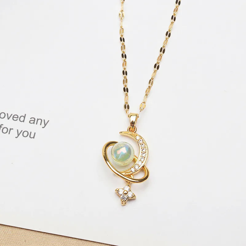 Fashion Pearl Moon Planet Pendant Titanium Steel Necklace for Women Design Clavicle Chain Stainless Steel Gold Plated Necklace
