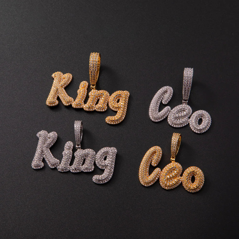 Custom Double Layer Cursive Name Pendant Iced Bling Cubic Zirconia Personalized Hiphop Jewelry with Brass Rope Chain