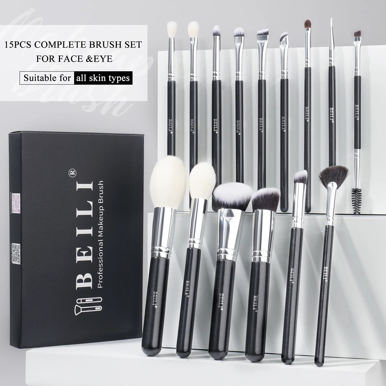 Custom Logo 15pcs Black Luxury Goat Hair Makeup Brush Set with Case Private Label for Concealer Eyeliner Brushes Makeup