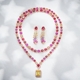 Trendy Bridal Jewellery Luxury Yellow Cz Diamond Pendant Necklace Set with Earrings for Women Charm Ready to Ship