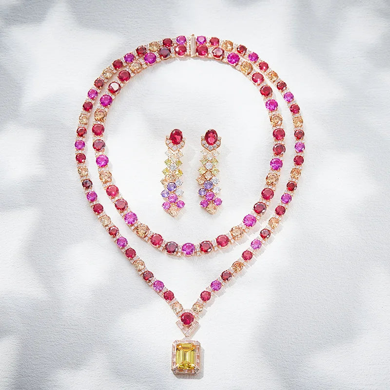 Trendy Bridal Jewellery Luxury Yellow Cz Diamond Pendant Necklace Set with Earrings for Women Charm Ready to Ship