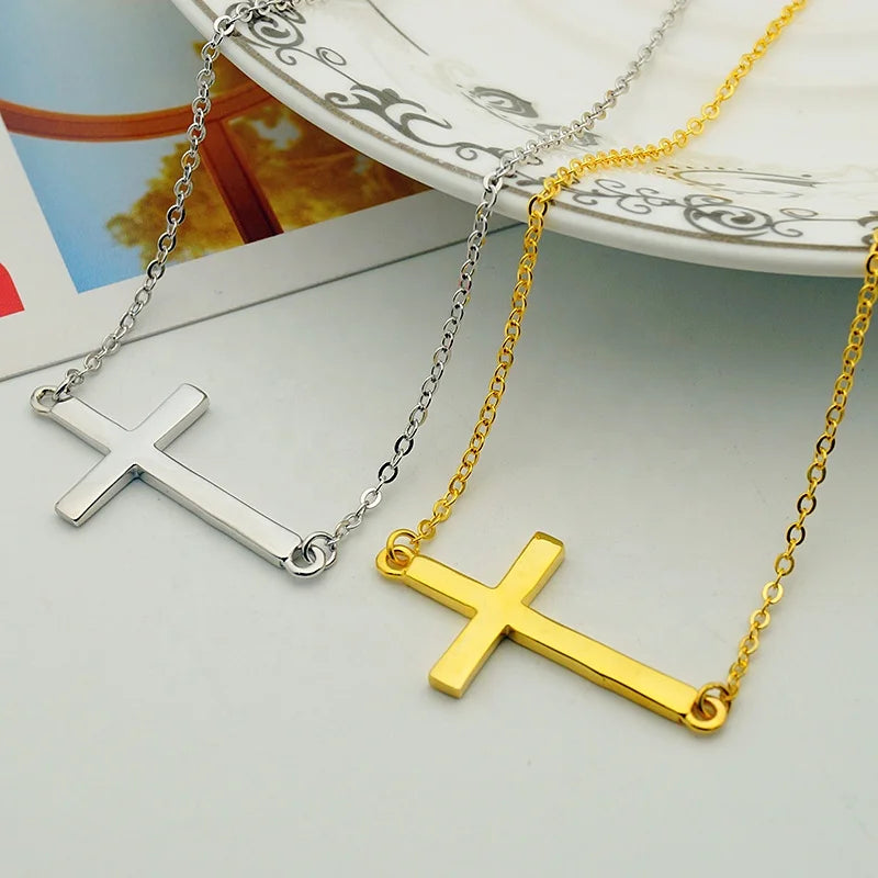 Religious Christian Faith Plain Silver Fine Jewelry 925 Sterling Silver Sideways Cross Necklace Wholesale