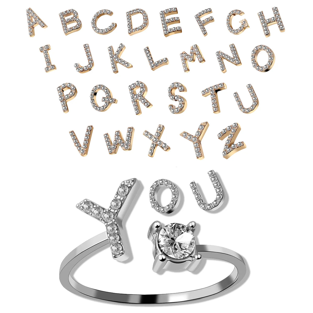 Fashion Gold Silver Plated Charm Copper Zircon A-Z Alphabet Adjustable 26 Initial Letters Rings Jewelry for Women MegaBDM