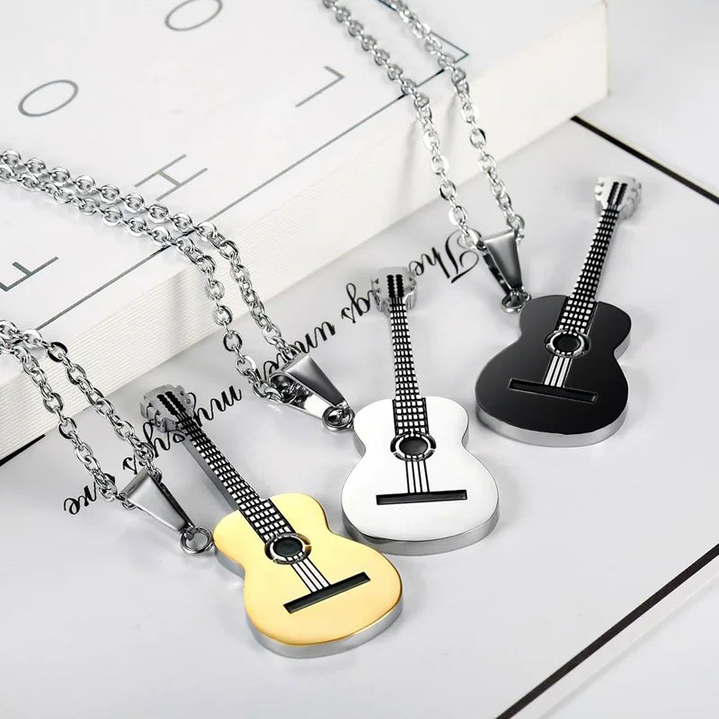 Fashion Guitar Stainless Steel Jewelry Necklace for Men Glossy Pendant Hip Hop Punk Necklace 2021 New
