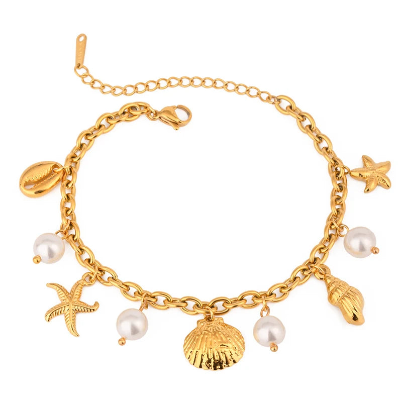 Fatingna Hot New Ocean Beach Jewelry Stainless Steel Waterproof Multicharm Bracelet Pearls Conch Shell Starfish Pendant