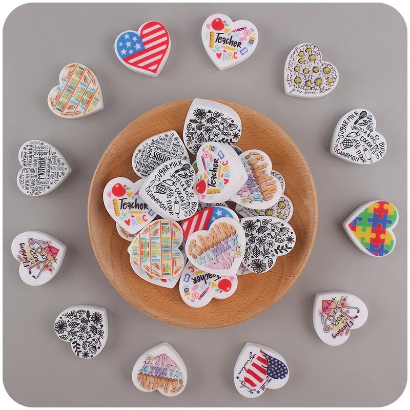 Food Grade Silicone Heart Bead Us Flag Puzzle Sunflower Graffiti Letter Pattern Charm Bead for Nipple Chain Jewelry Accessory