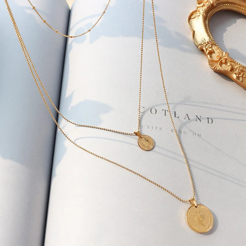 18K Jewellery Herringbone Body Head Portrait Circular Coin Pendant Collar Long Chain Layered Necklace Stainless Steel