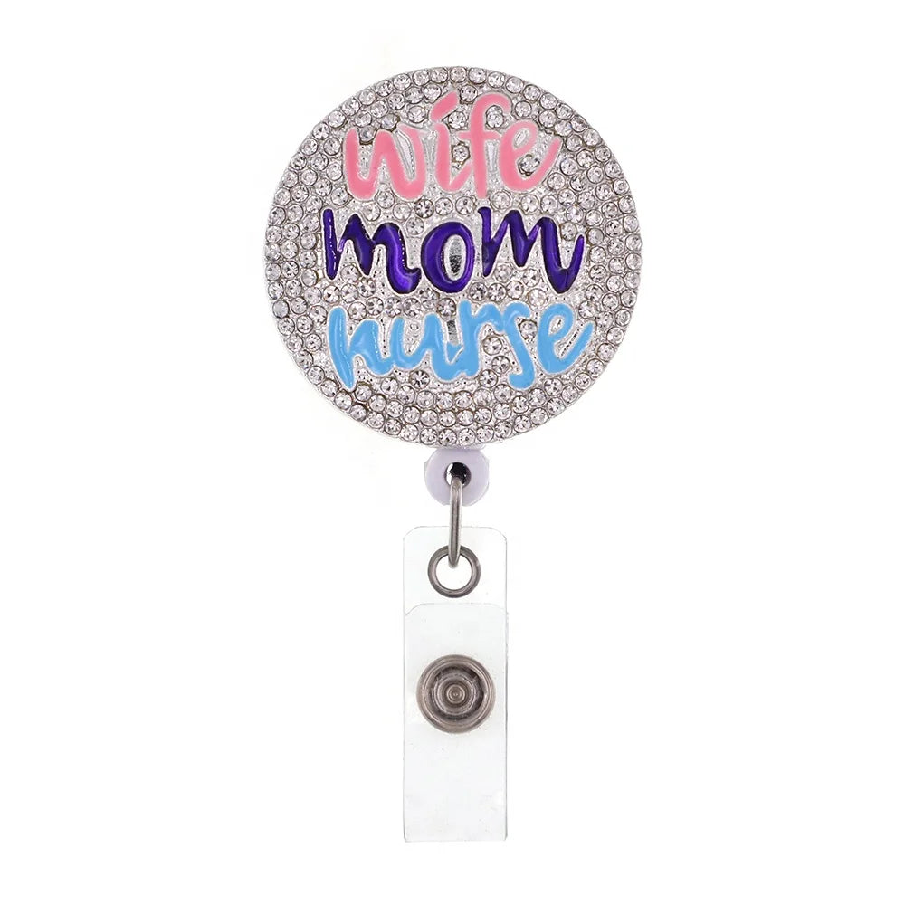 WIFE MOM NURSE Badge Holder Reel with Alligator Clip Scrub Life Retractable Rhinestone Nurse Badge Reel Mother's Day Nurse Gift